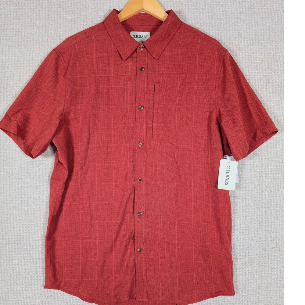 GH Bass Mens Red Ochre Plaid Short Sleeve Button Up Shirt Pocket Zipper‎ Size L